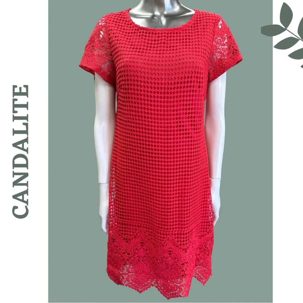 🛍️3/$40 Candalite Red Coral Short  Sleeve Lace Dress Lined Back Zip Size Medium